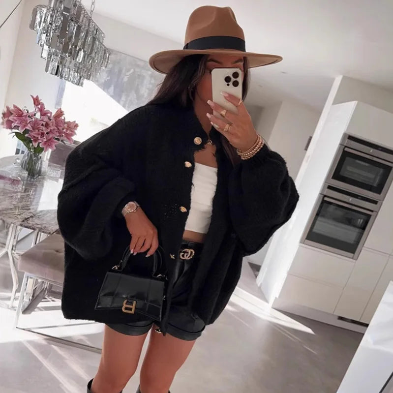 Women's Oversized Knit Cardigan - Chunky Crew Neck Gold Button Front Lounge Wear Fall Winter Comfort Plus Size