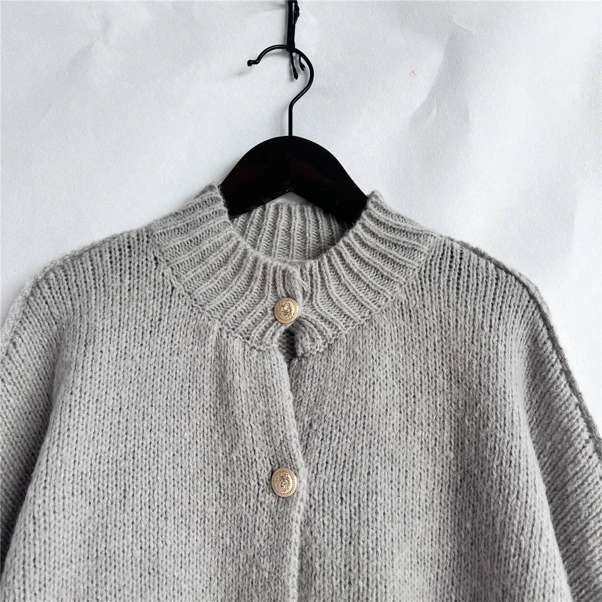 Women's Oversized Knit Cardigan - Chunky Crew Neck Gold Button Front Lounge Wear Fall Winter Comfort Plus Size