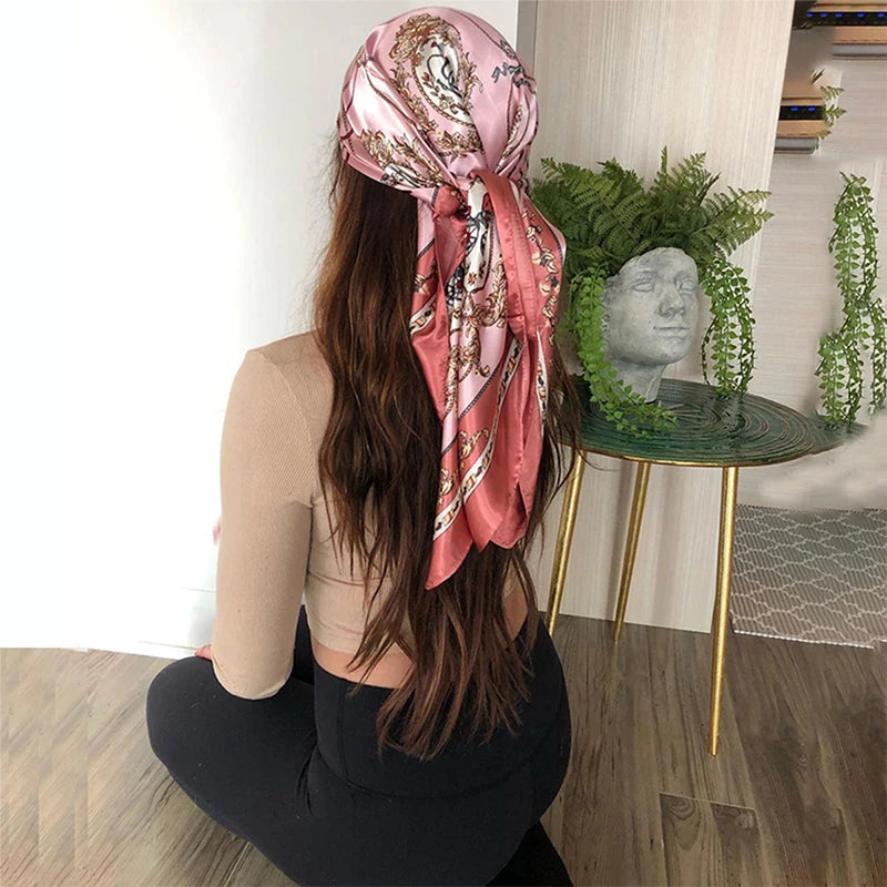 90*90cm Square Silk Scarves Women Hijab Shawls Fashion Print Kerchief Femme Head Scarf Foulard Bandana Beach Pareo