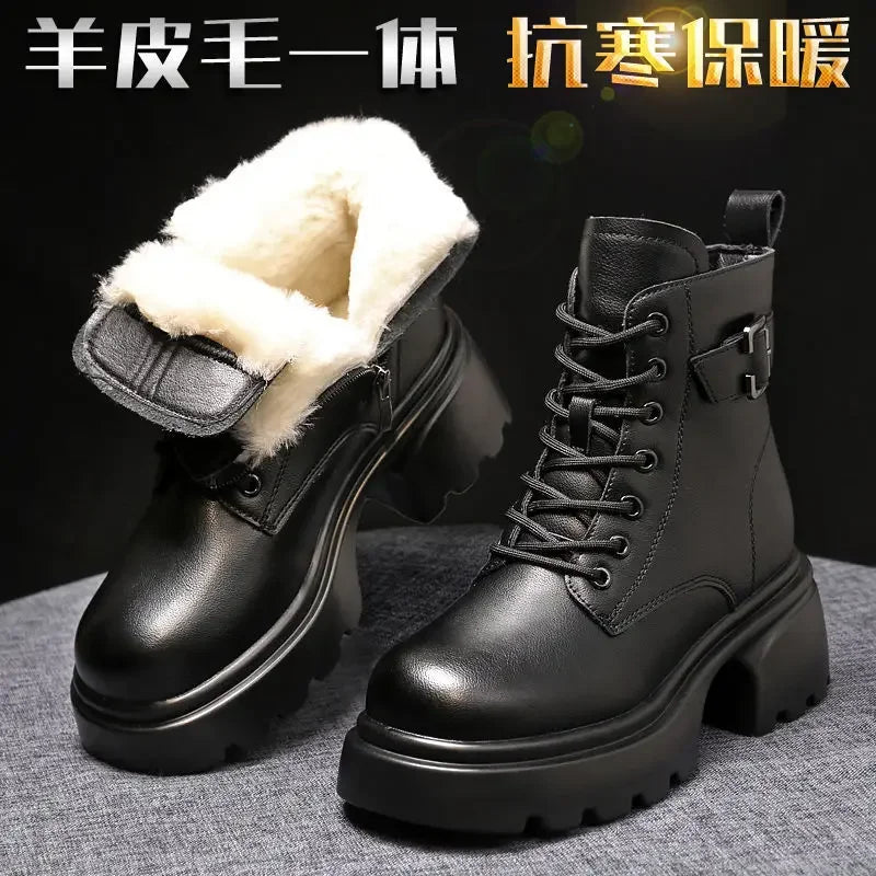 2025 Plush Snow Boots Female Winter Leather Cotton Shoes for Women Thickened Bottom Ladies Ankle Boots Padded Warm Cotton Shoes