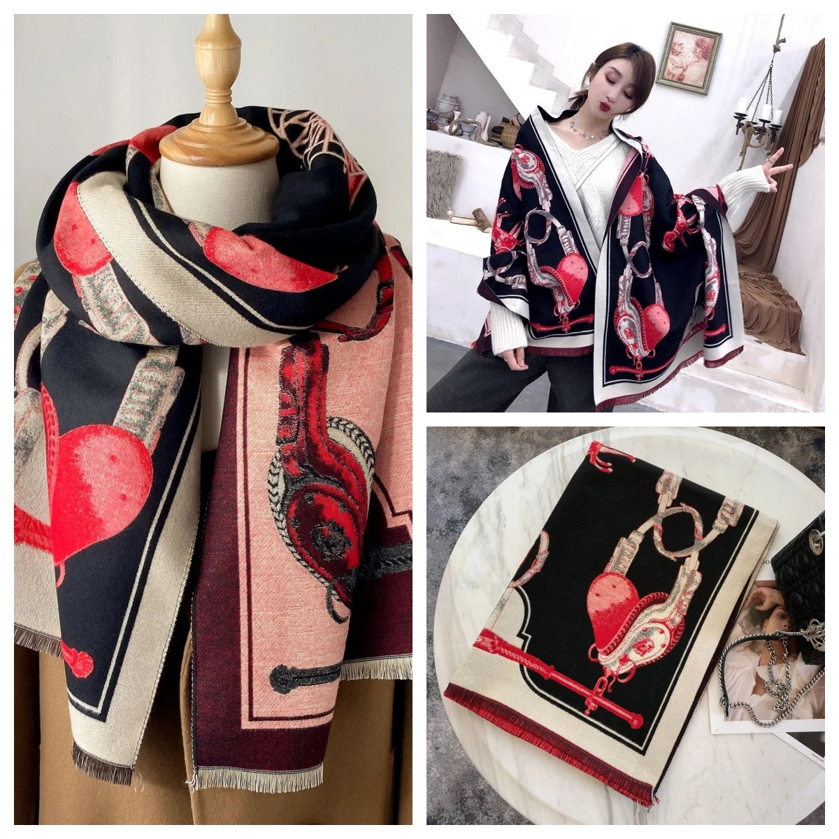 Women's Autumn Winter Horse Pattern Scarf New Luxury Cashmere Feeling Large Blanket Wrap Soft Warm Brand Shawl Retro & Classical