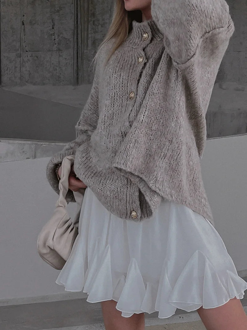 Women's Oversized Knit Cardigan - Chunky Crew Neck Gold Button Front Lounge Wear Fall Winter Comfort Plus Size