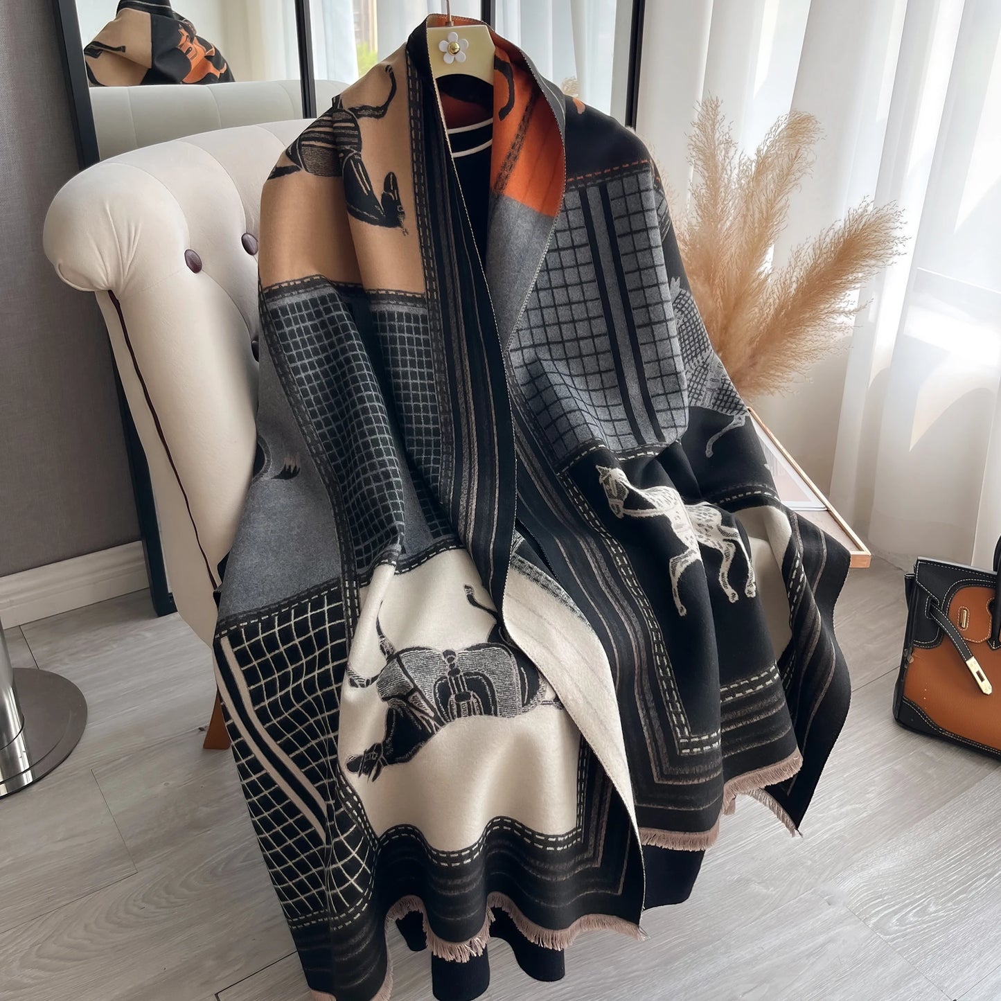 Autumn Winter Scarf Women Pashmina Shawls and Wraps Cashmere Blanket Warm Thick Stoles for Lady Outdoor Bufanda 2024 New Print