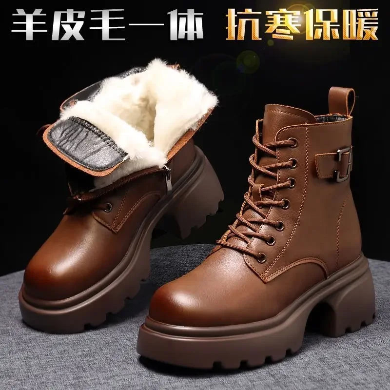 2025 Plush Snow Boots Female Winter Leather Cotton Shoes for Women Thickened Bottom Ladies Ankle Boots Padded Warm Cotton Shoes