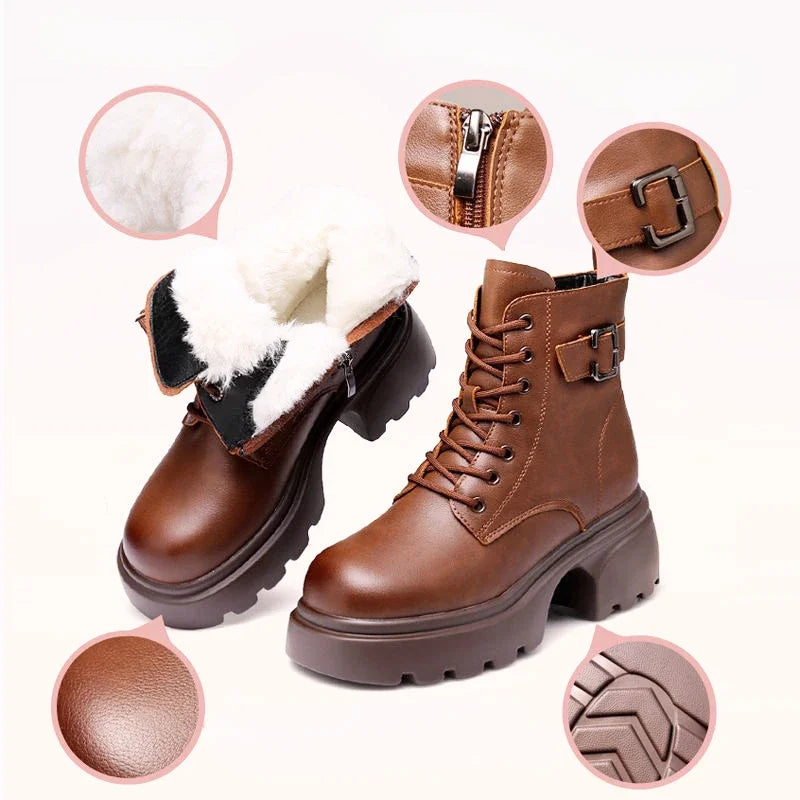 2025 Plush Snow Boots Female Winter Leather Cotton Shoes for Women Thickened Bottom Ladies Ankle Boots Padded Warm Cotton Shoes
