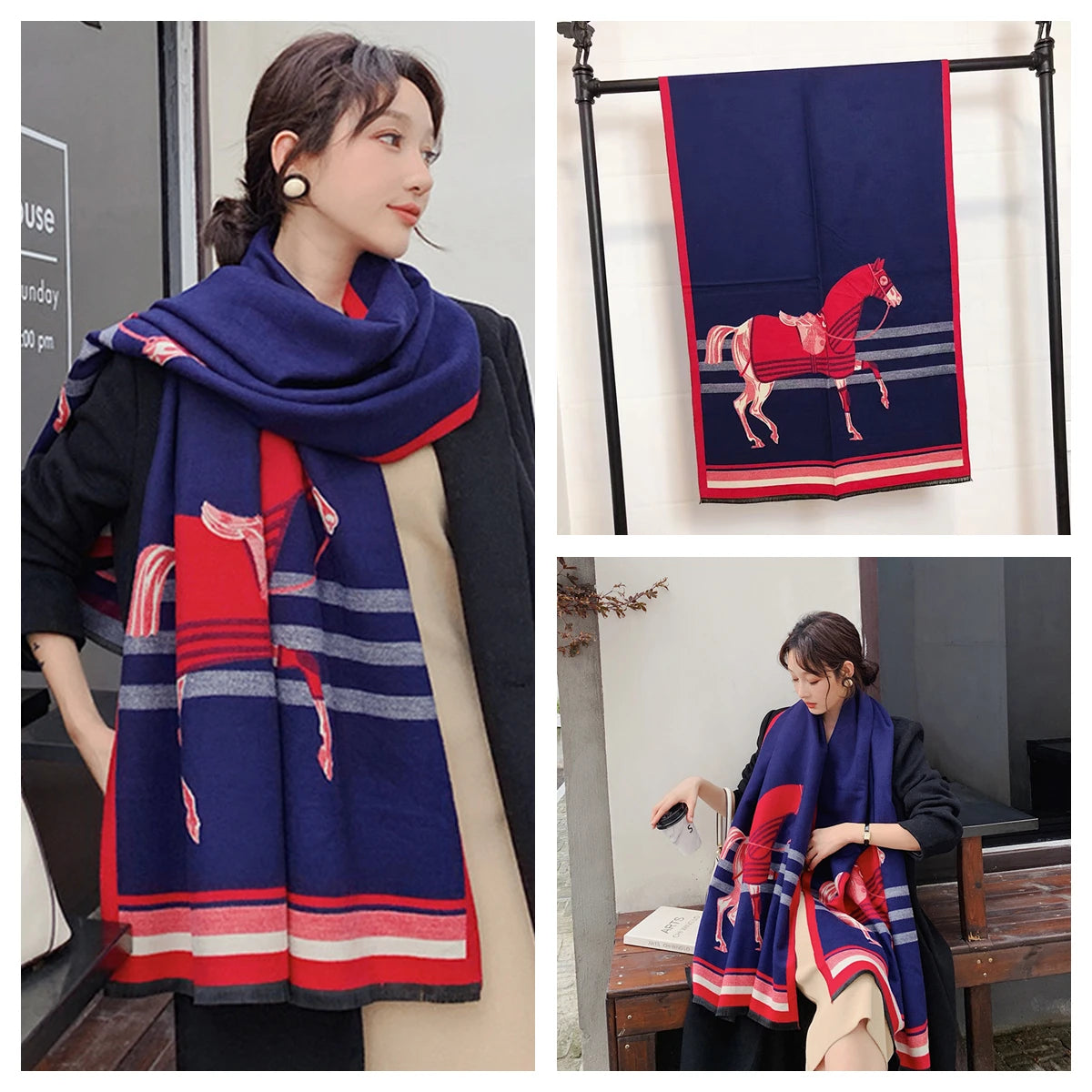Women's Autumn Winter Horse Pattern Scarf New Luxury Cashmere Feeling Large Blanket Wrap Soft Warm Brand Shawl Retro & Classical
