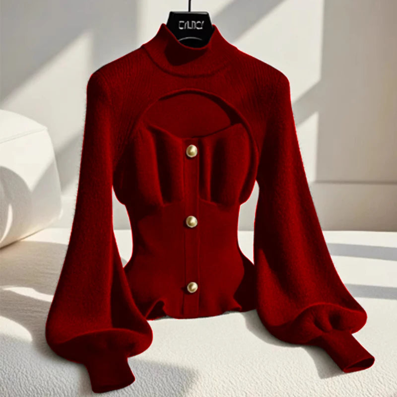 Women's Black Hollow-out Mock Neck Pullover Sweater Lantern Sleeves Slim Fit Layering Top Luxury Chic Casual warm sweater spring