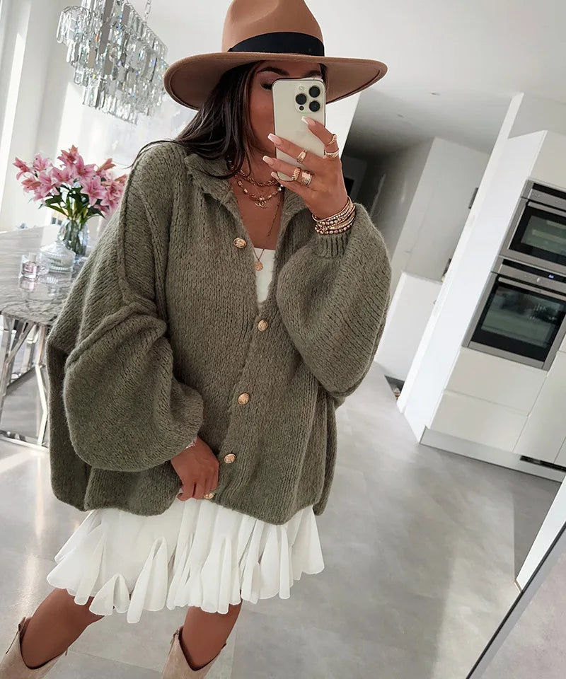 Women's Oversized Knit Cardigan - Chunky Crew Neck Gold Button Front Lounge Wear Fall Winter Comfort Plus Size