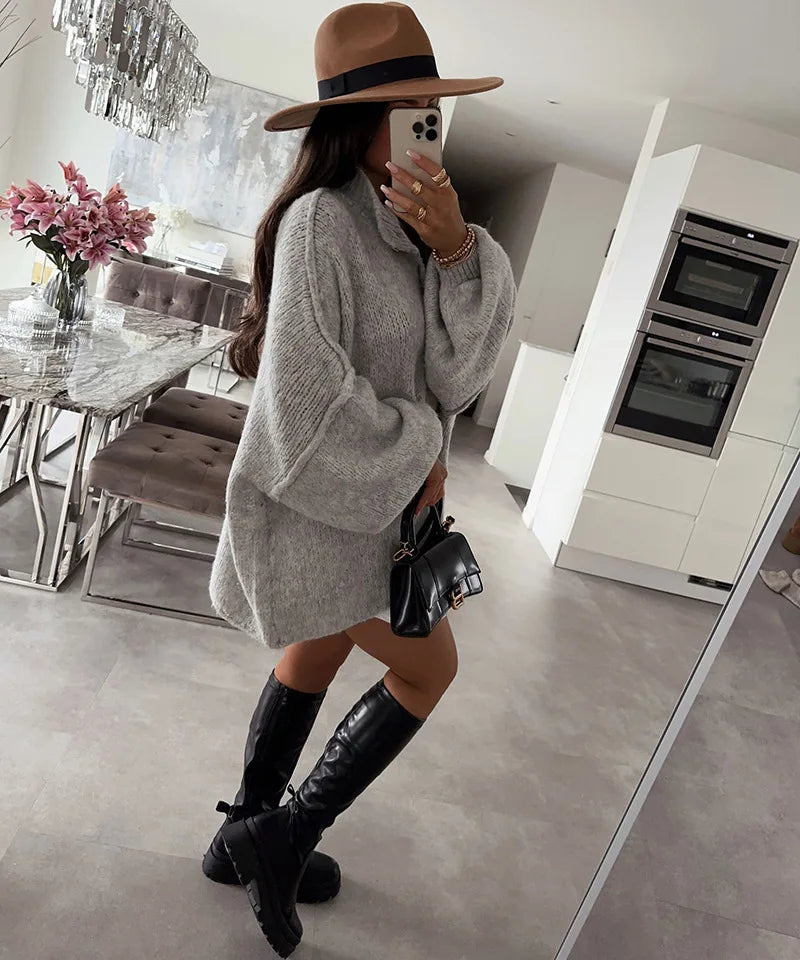 Women's Oversized Knit Cardigan - Chunky Crew Neck Gold Button Front Lounge Wear Fall Winter Comfort Plus Size