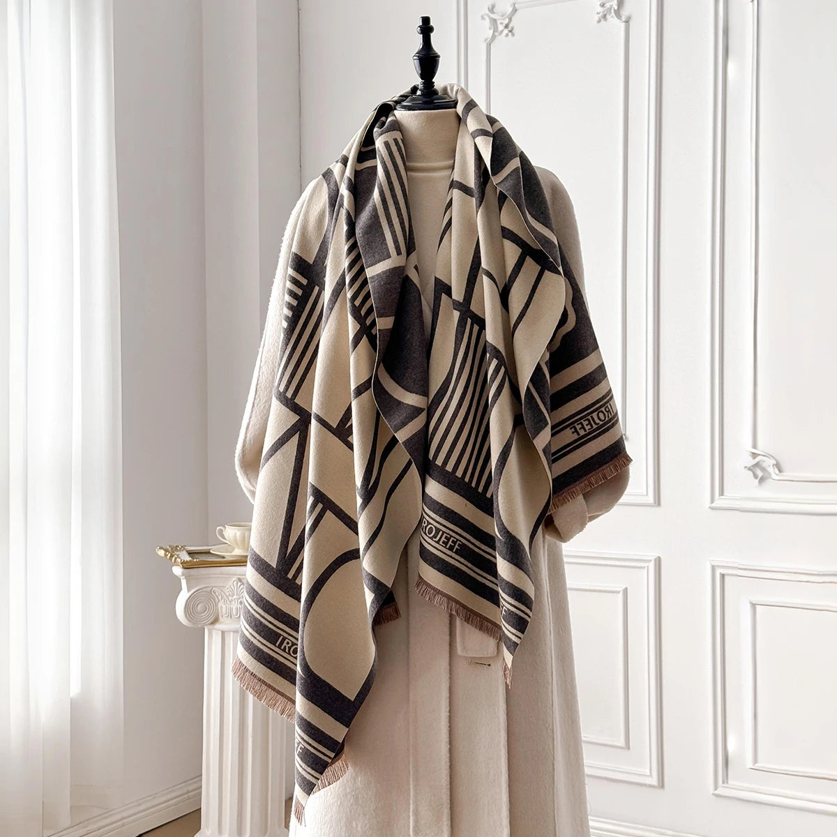 Winter Travel Faux Cashmere Scarf for Women Thick Warm with Cashew and Geometric Stripes Fashionable Luxurious Blanket Scarf