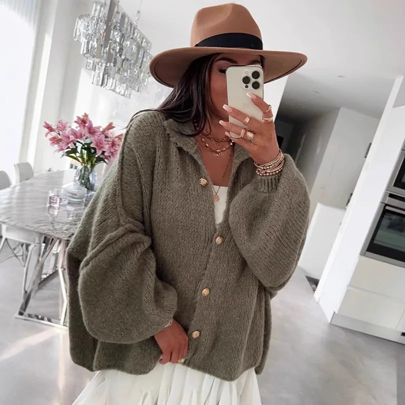 Women's Oversized Knit Cardigan - Chunky Crew Neck Gold Button Front Lounge Wear Fall Winter Comfort Plus Size