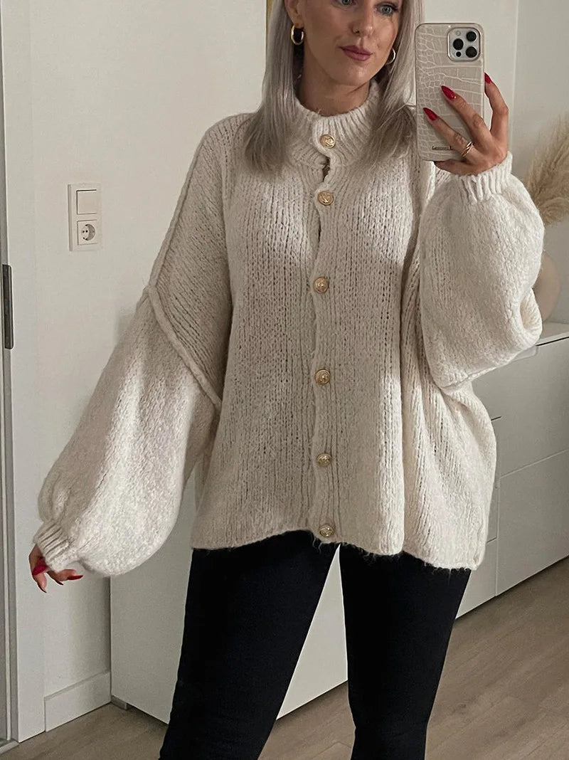 Women's Oversized Knit Cardigan - Chunky Crew Neck Gold Button Front Lounge Wear Fall Winter Comfort Plus Size
