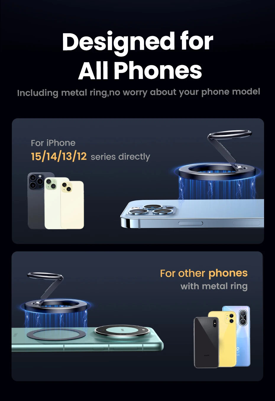 Magnetic Phone Ring Holder For iPhone 15 14 13 Pro Xiaomi Samsung Huawei Aluminum 360° Rotation MobilePhone Stand