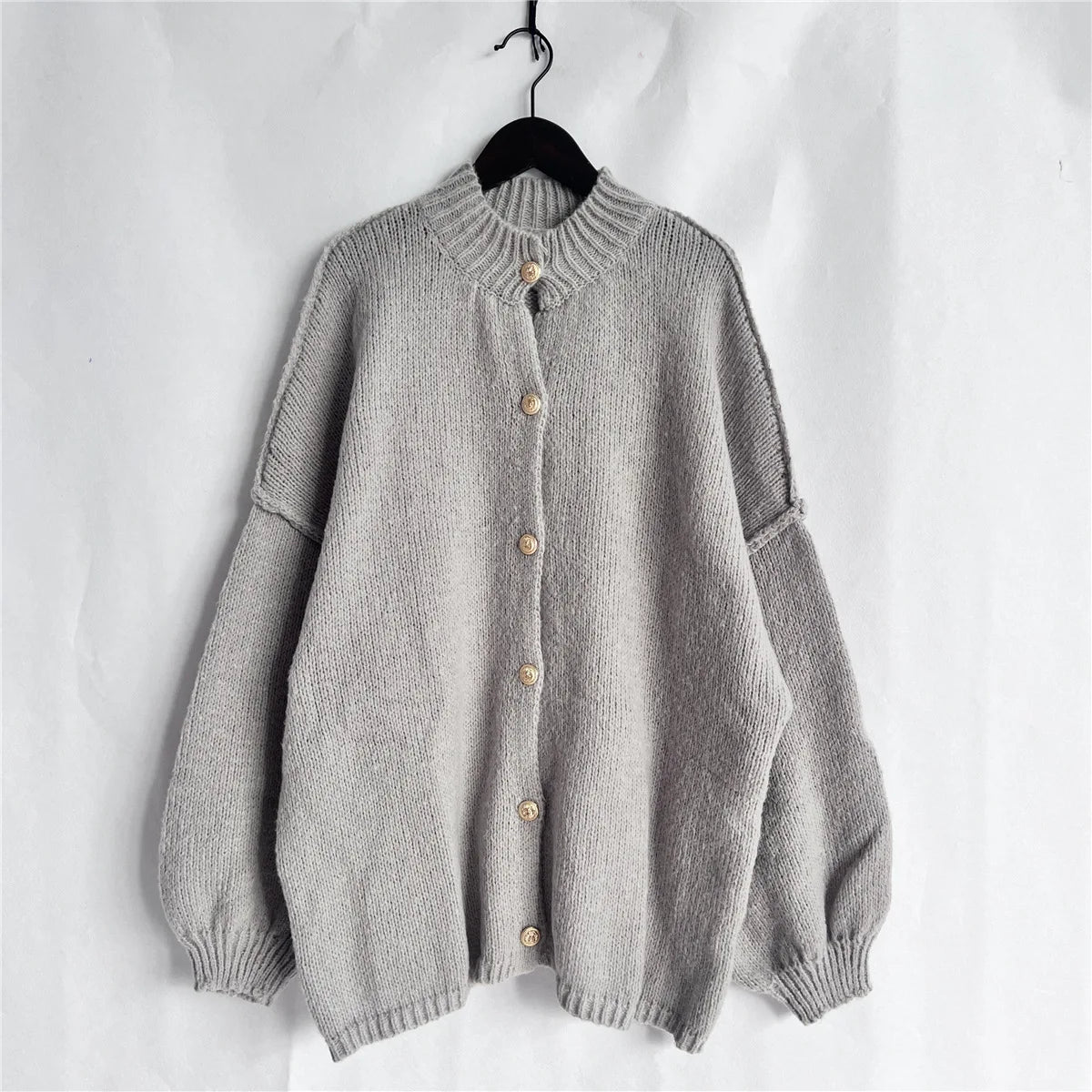 Women's Oversized Knit Cardigan - Chunky Crew Neck Gold Button Front Lounge Wear Fall Winter Comfort Plus Size
