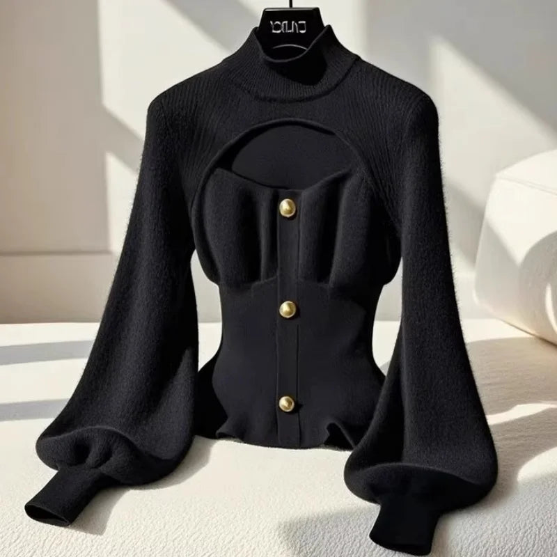 Women's Black Hollow-out Mock Neck Pullover Sweater Lantern Sleeves Slim Fit Layering Top Luxury Chic Casual warm sweater spring