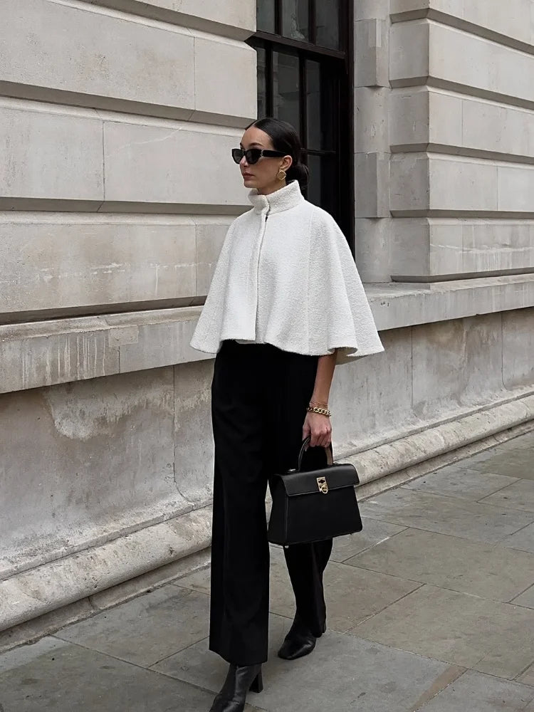 White Stand Collar Crop Cape Coat Women Fashion Single Breasted Long Sleeve Loose Lamb Wool Jacket 2025 Lady High Street Outwear