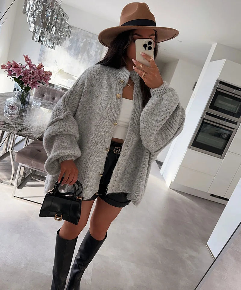 Women's Oversized Knit Cardigan - Chunky Crew Neck Gold Button Front Lounge Wear Fall Winter Comfort Plus Size