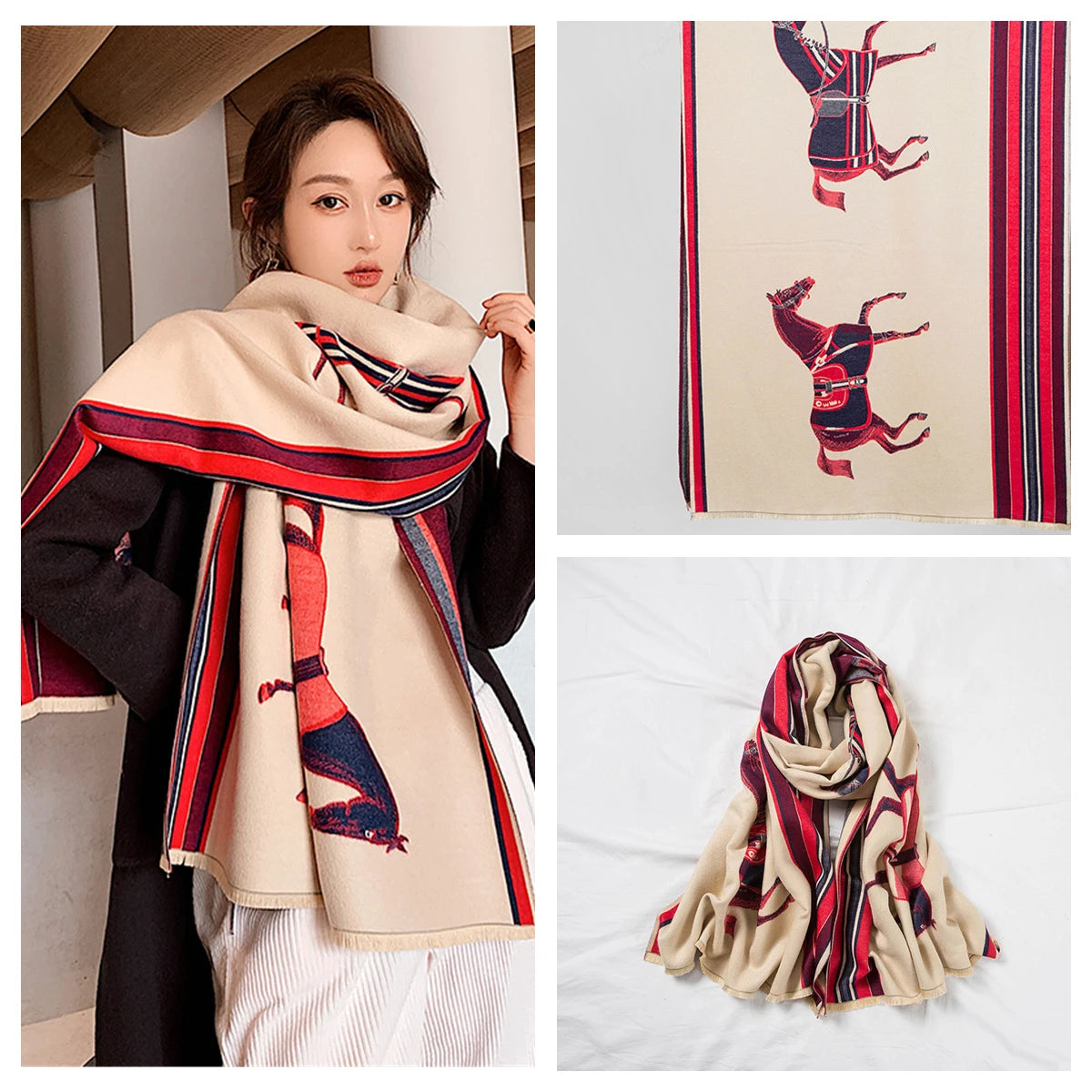 Women's Autumn Winter Horse Pattern Scarf New Luxury Cashmere Feeling Large Blanket Wrap Soft Warm Brand Shawl Retro & Classical