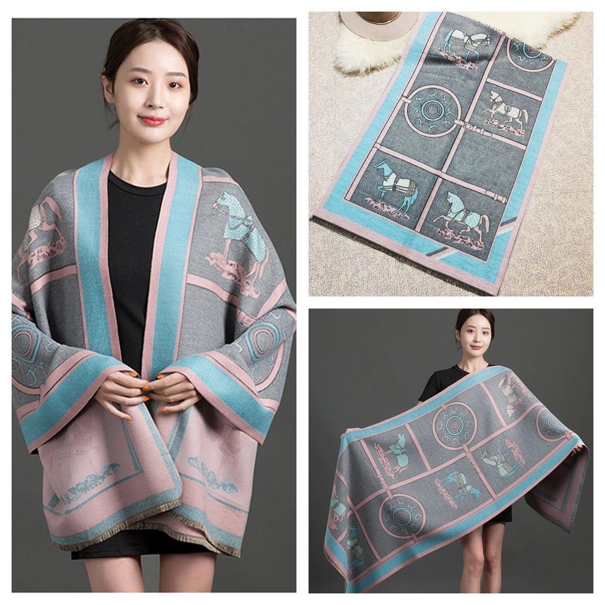 Women's Autumn Winter Horse Pattern Scarf New Luxury Cashmere Feeling Large Blanket Wrap Soft Warm Brand Shawl Retro & Classical