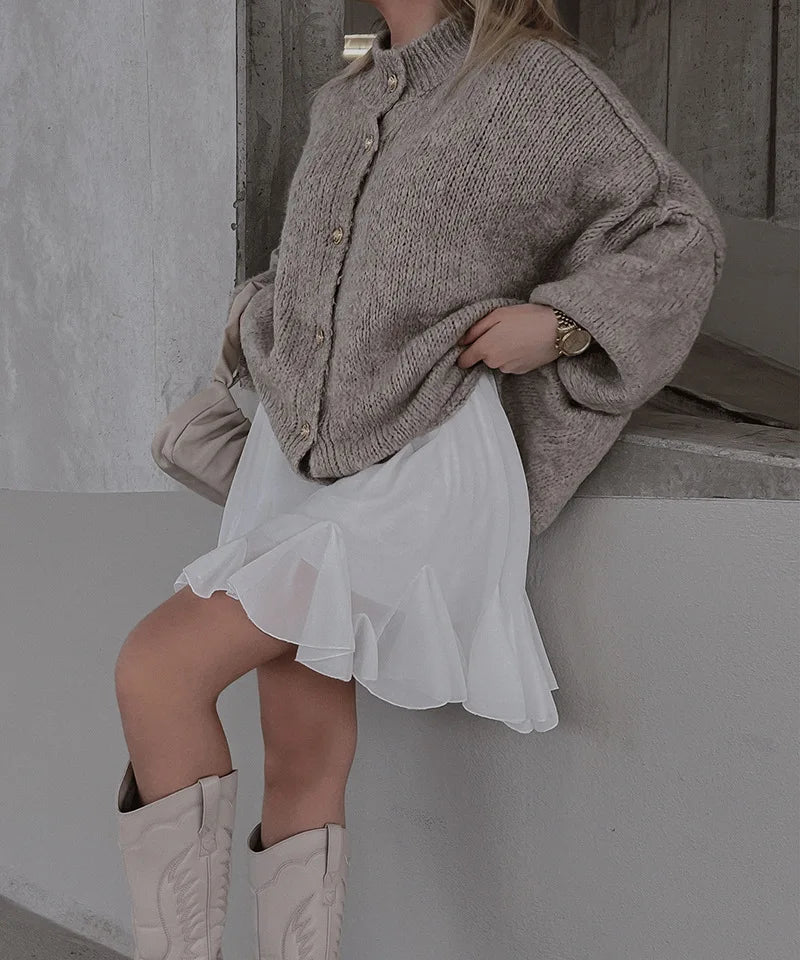 Women's Oversized Knit Cardigan - Chunky Crew Neck Gold Button Front Lounge Wear Fall Winter Comfort Plus Size