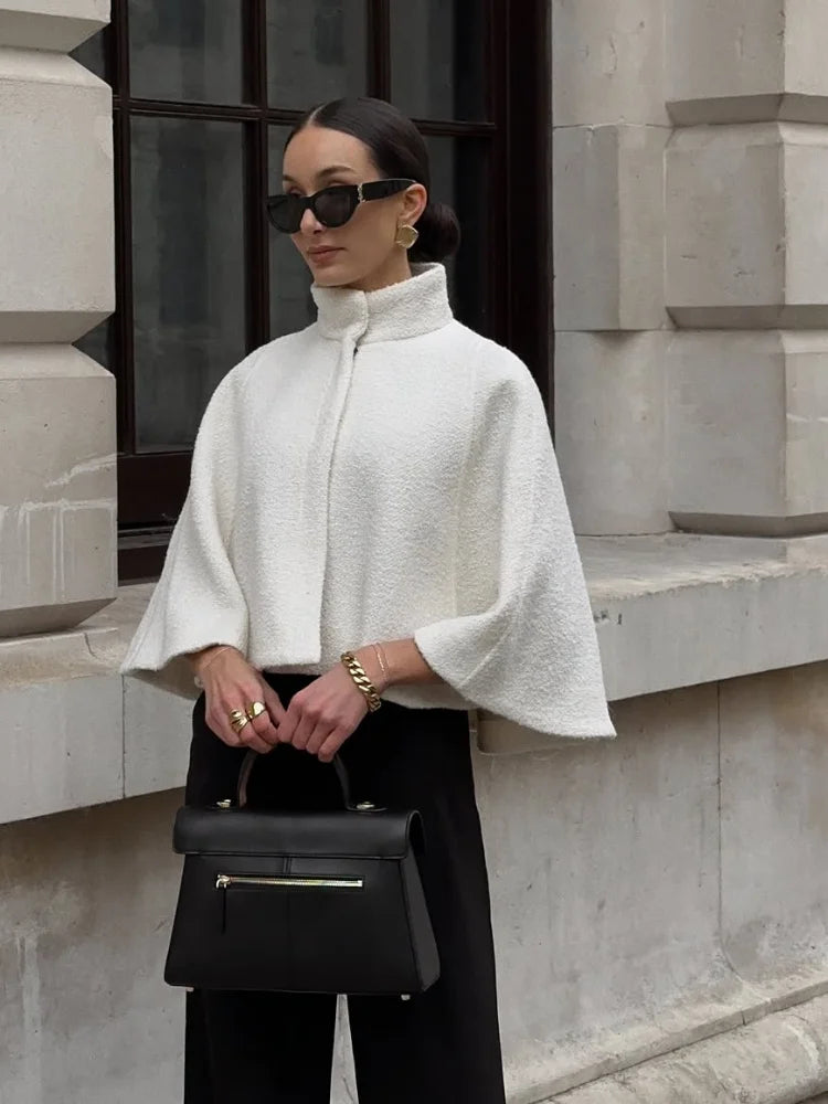 White Stand Collar Crop Cape Coat Women Fashion Single Breasted Long Sleeve Loose Lamb Wool Jacket 2025 Lady High Street Outwear