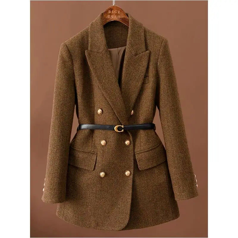 Comes With Belt A Vintage Wool Jacket For Women Autumn And Winter 2024 New Popular Seasonal Green Temperament Top Female Blazer
