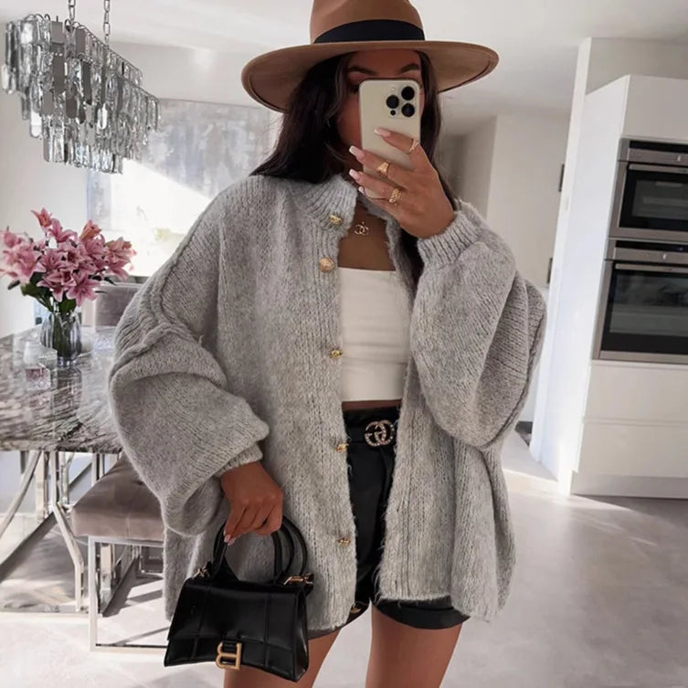 Women's Oversized Knit Cardigan - Chunky Crew Neck Gold Button Front Lounge Wear Fall Winter Comfort Plus Size