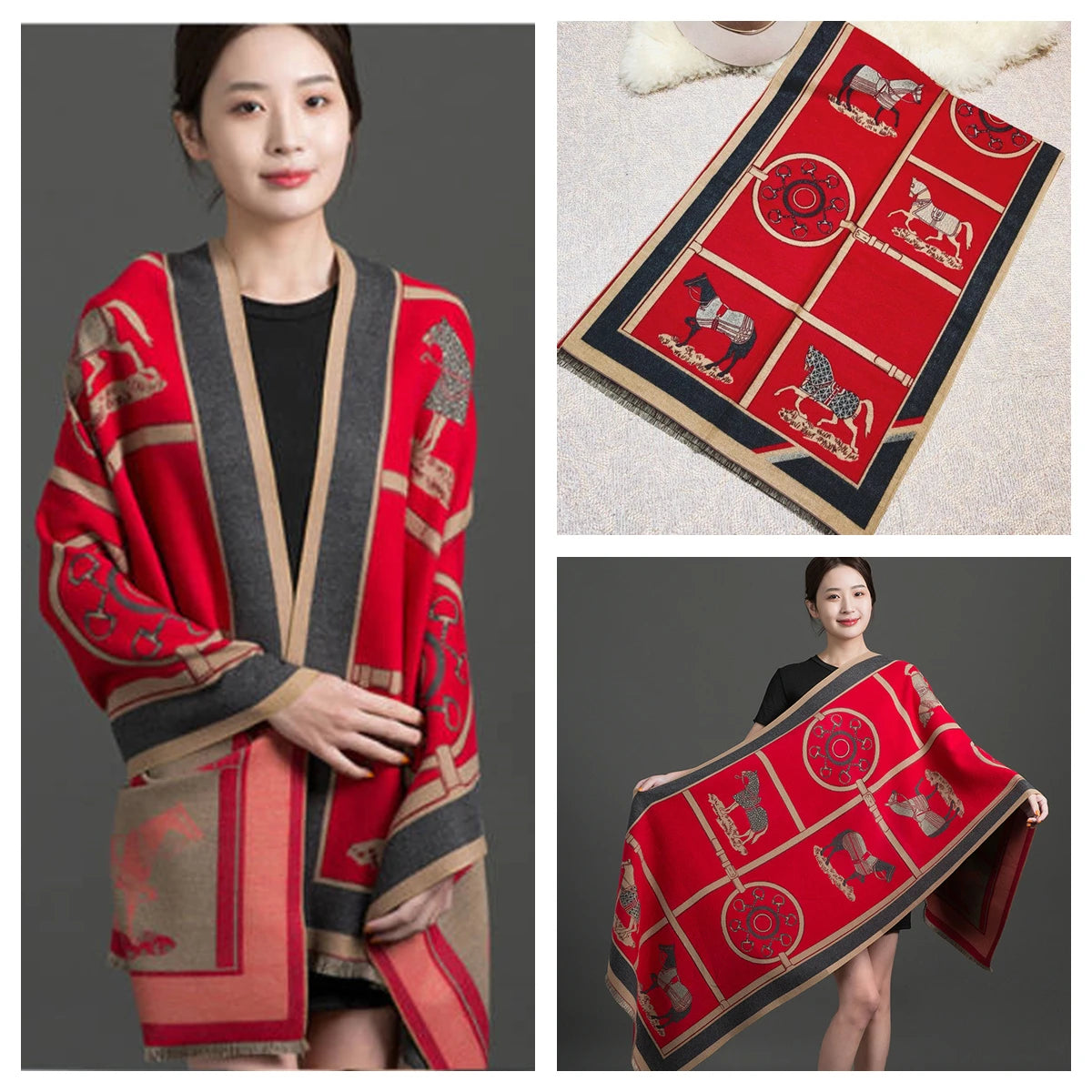 Women's Autumn Winter Horse Pattern Scarf New Luxury Cashmere Feeling Large Blanket Wrap Soft Warm Brand Shawl Retro & Classical