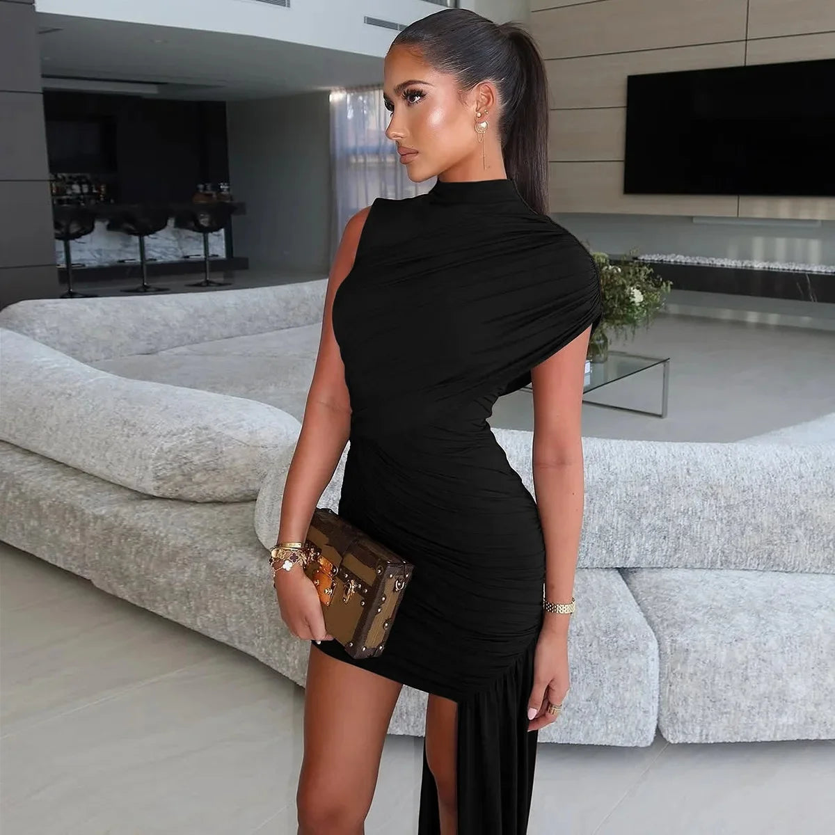 Hermosa: Asymmetrical Ruched Formal Mini Dress