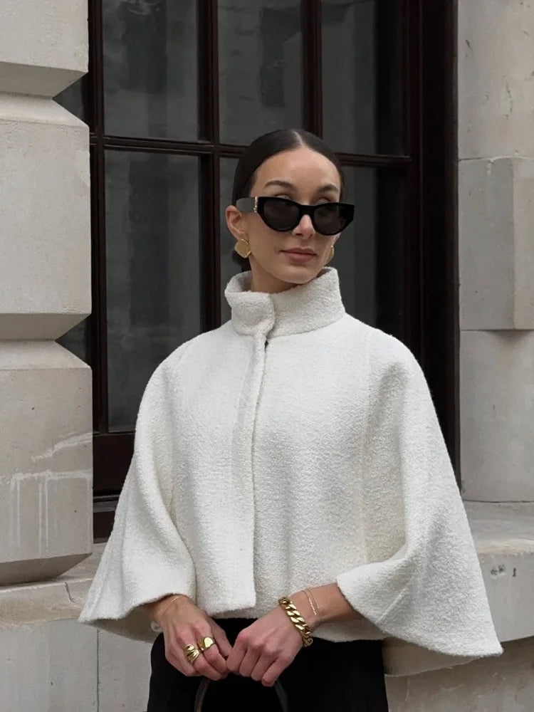 White Stand Collar Crop Cape Coat Women Fashion Single Breasted Long Sleeve Loose Lamb Wool Jacket 2025 Lady High Street Outwear