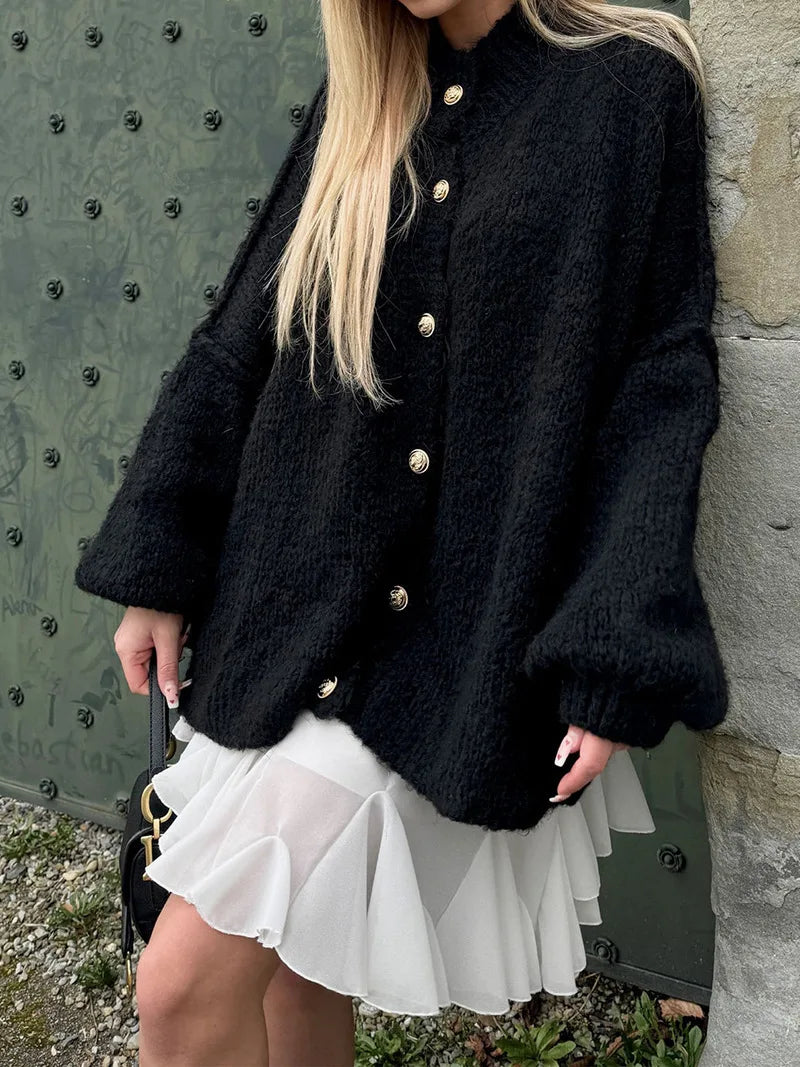 Women's Oversized Knit Cardigan - Chunky Crew Neck Gold Button Front Lounge Wear Fall Winter Comfort Plus Size