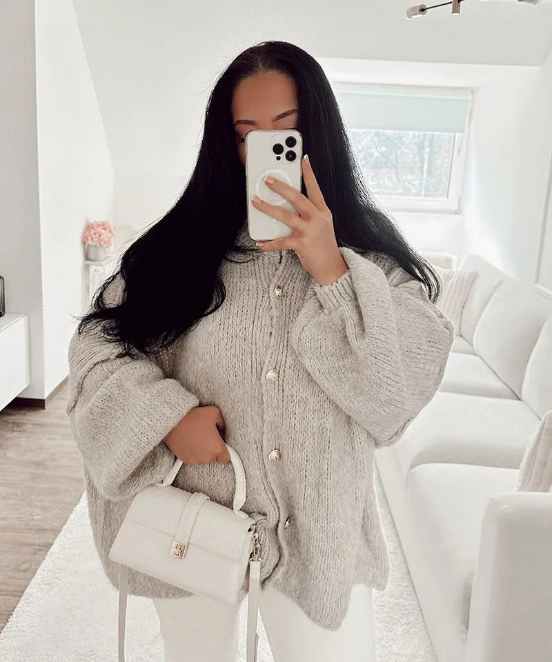 Women's Oversized Knit Cardigan - Chunky Crew Neck Gold Button Front Lounge Wear Fall Winter Comfort Plus Size