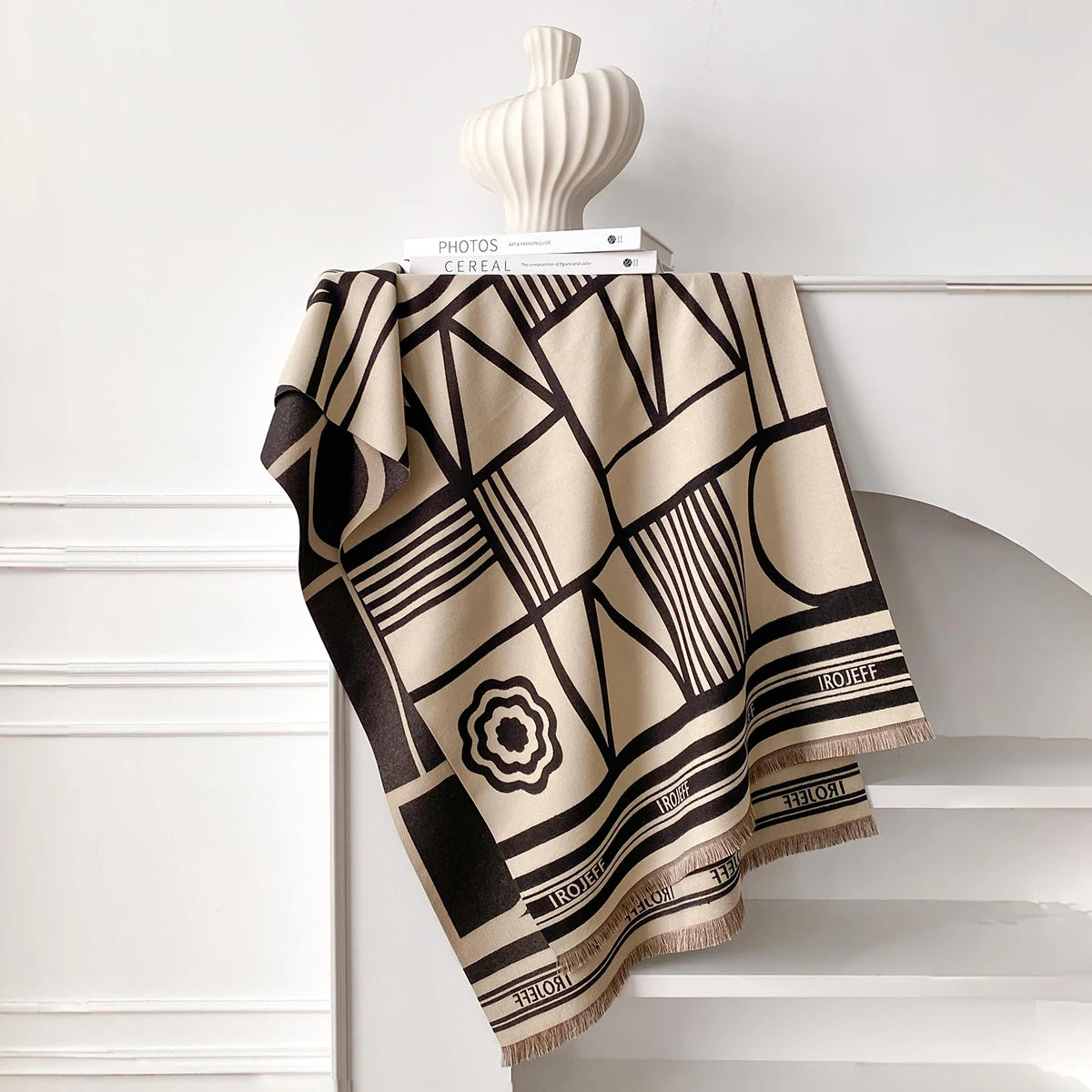 Winter Travel Faux Cashmere Scarf for Women Thick Warm with Cashew and Geometric Stripes Fashionable Luxurious Blanket Scarf