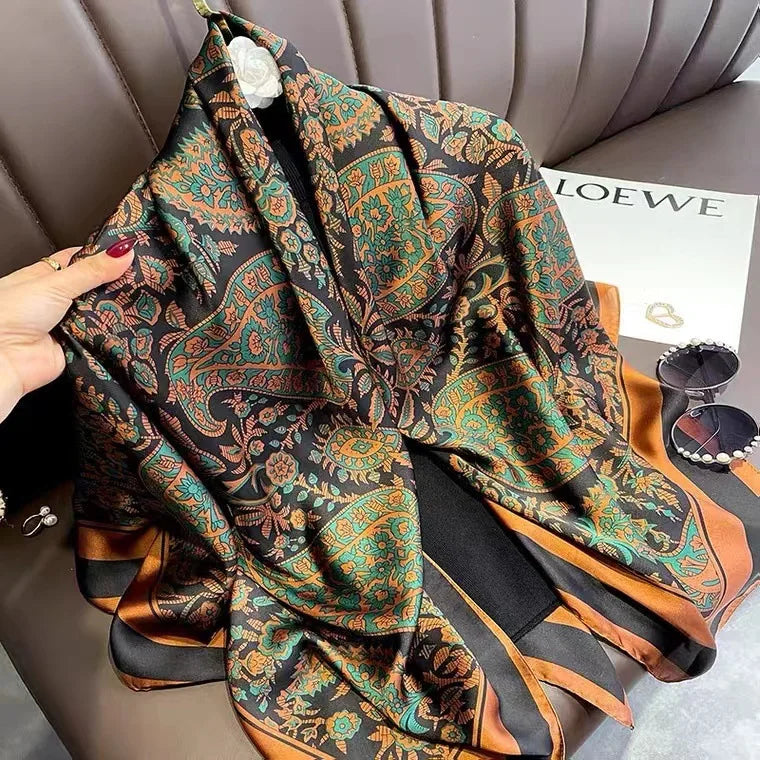 Luxury Horse Print Square Scarf Vintage Imitation Silk Shawl Scarf  Women Windproof Outdoor Head Wrap 110*110cm