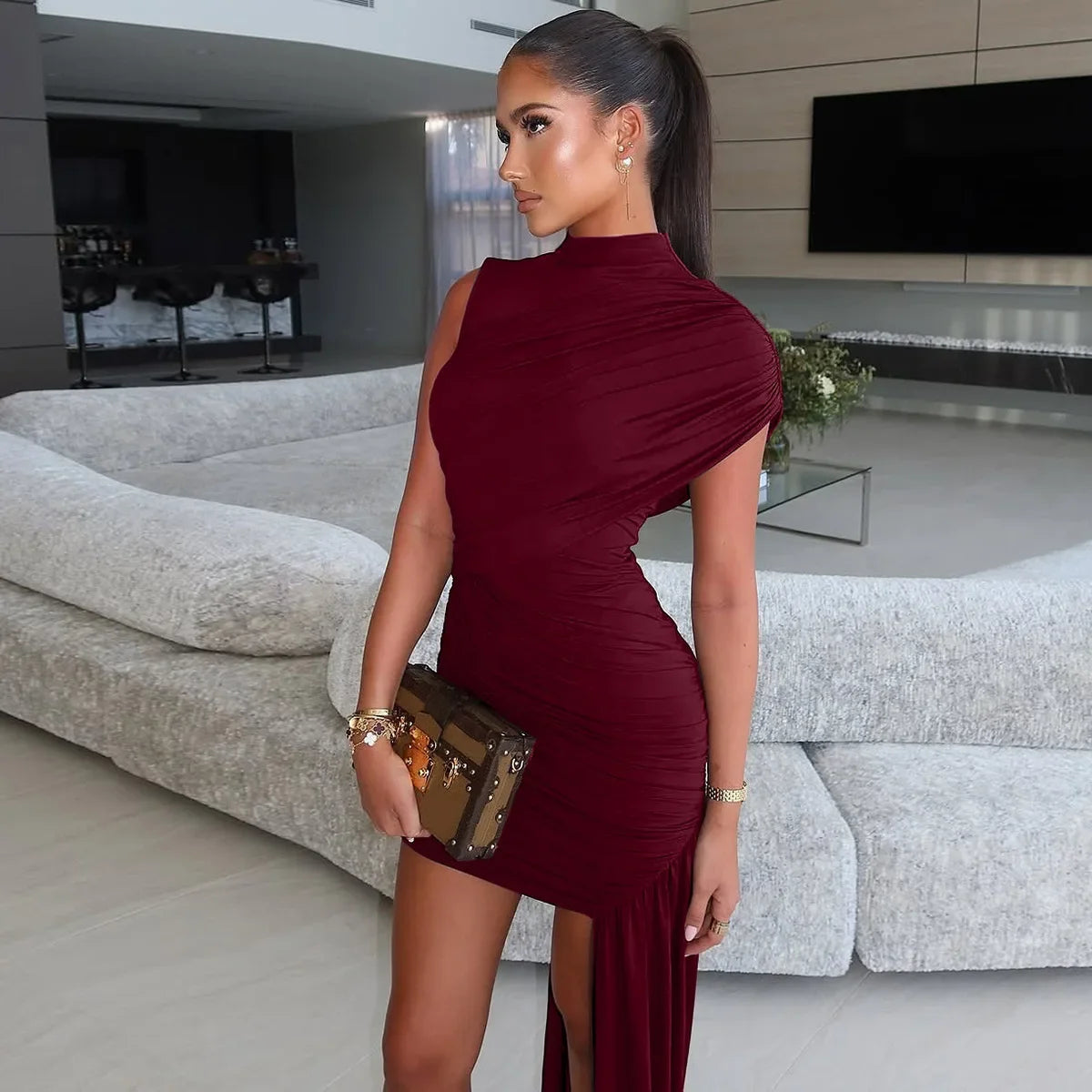 Hermosa: Asymmetrical Ruched Formal Mini Dress