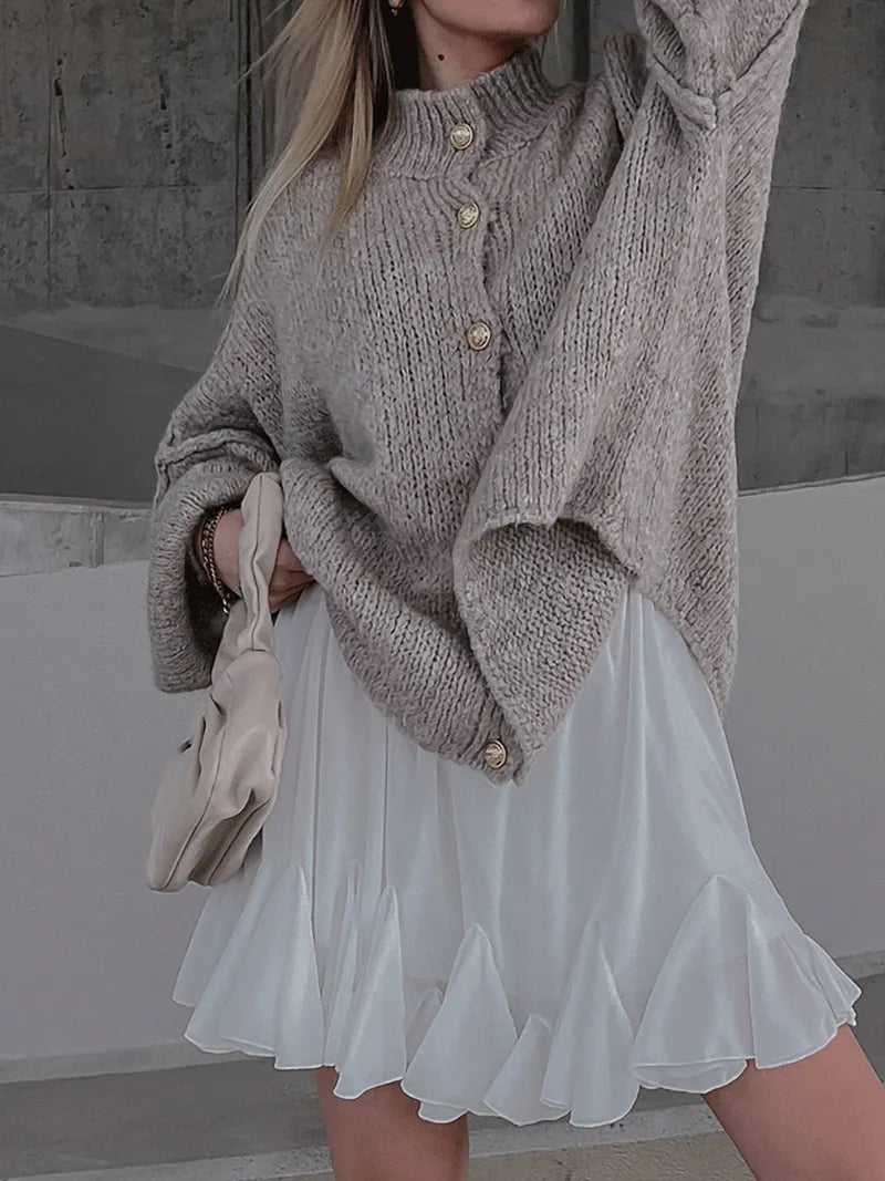 Women's Oversized Knit Cardigan - Chunky Crew Neck Gold Button Front Lounge Wear Fall Winter Comfort Plus Size