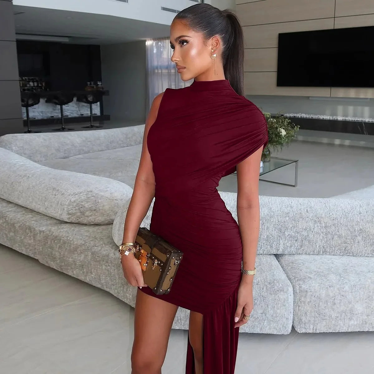 Hermosa: Asymmetrical Ruched Formal Mini Dress