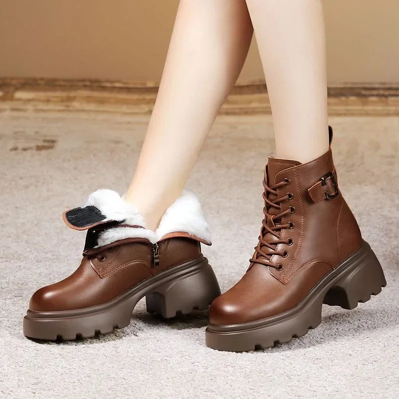 2025 Plush Snow Boots Female Winter Leather Cotton Shoes for Women Thickened Bottom Ladies Ankle Boots Padded Warm Cotton Shoes