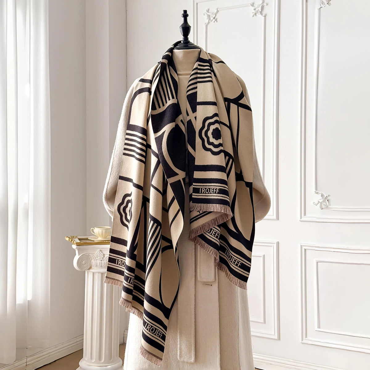 Winter Travel Faux Cashmere Scarf for Women Thick Warm with Cashew and Geometric Stripes Fashionable Luxurious Blanket Scarf