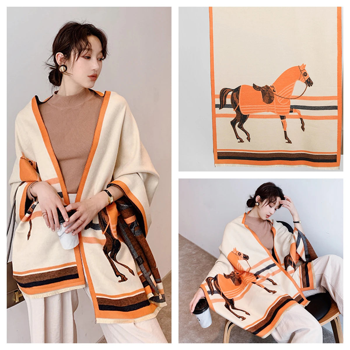 Women's Autumn Winter Horse Pattern Scarf New Luxury Cashmere Feeling Large Blanket Wrap Soft Warm Brand Shawl Retro & Classical
