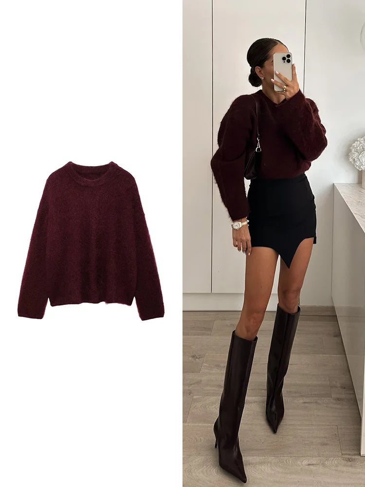 Women's Solid Colour Round Neck Sweater Commuter Style New Burgundy Pullover Long Sleeve Knit Sweater Casual Womenswear