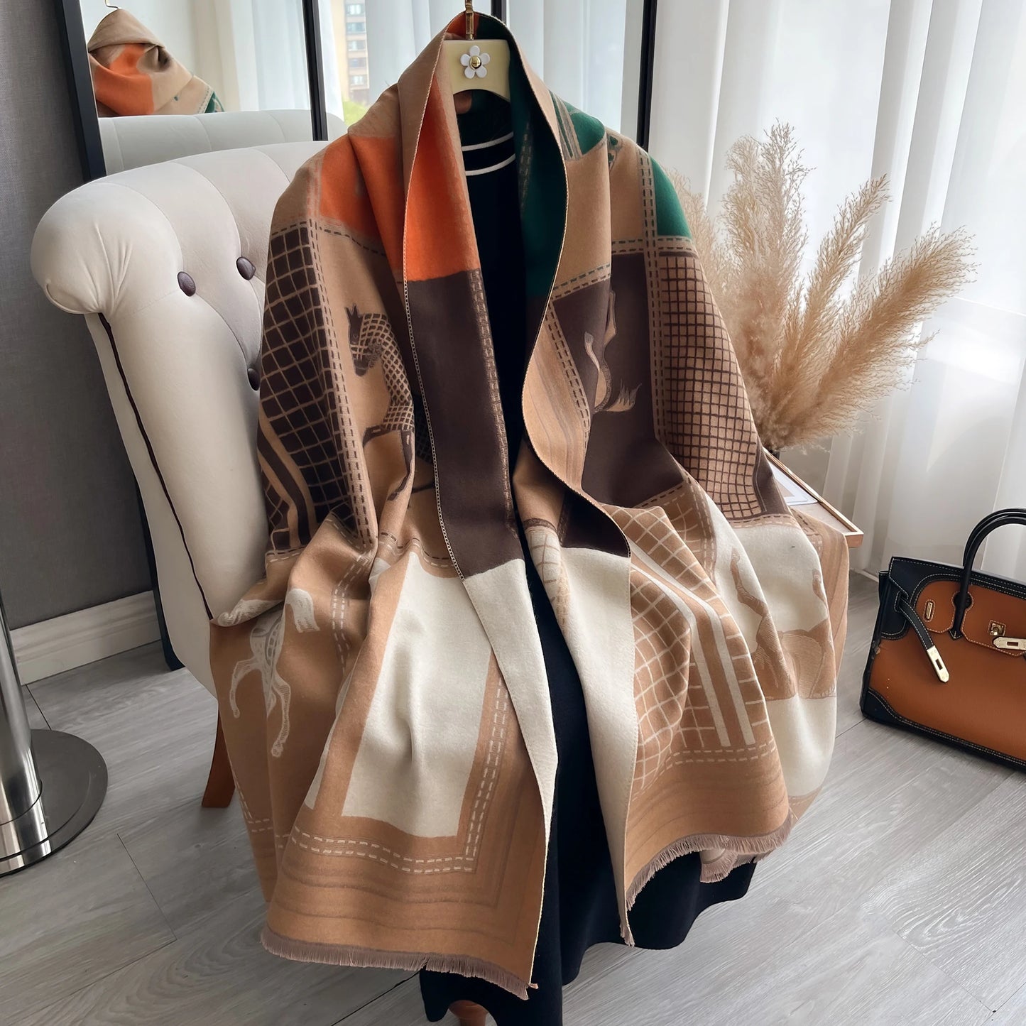 Autumn Winter Scarf Women Pashmina Shawls and Wraps Cashmere Blanket Warm Thick Stoles for Lady Outdoor Bufanda 2024 New Print