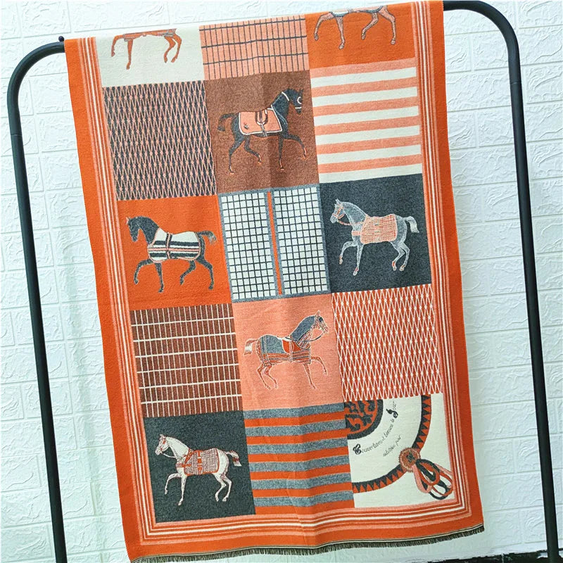Women's Autumn Winter Horse Pattern Scarf New Luxury Cashmere Feeling Large Blanket Wrap Soft Warm Brand Shawl Retro & Classical