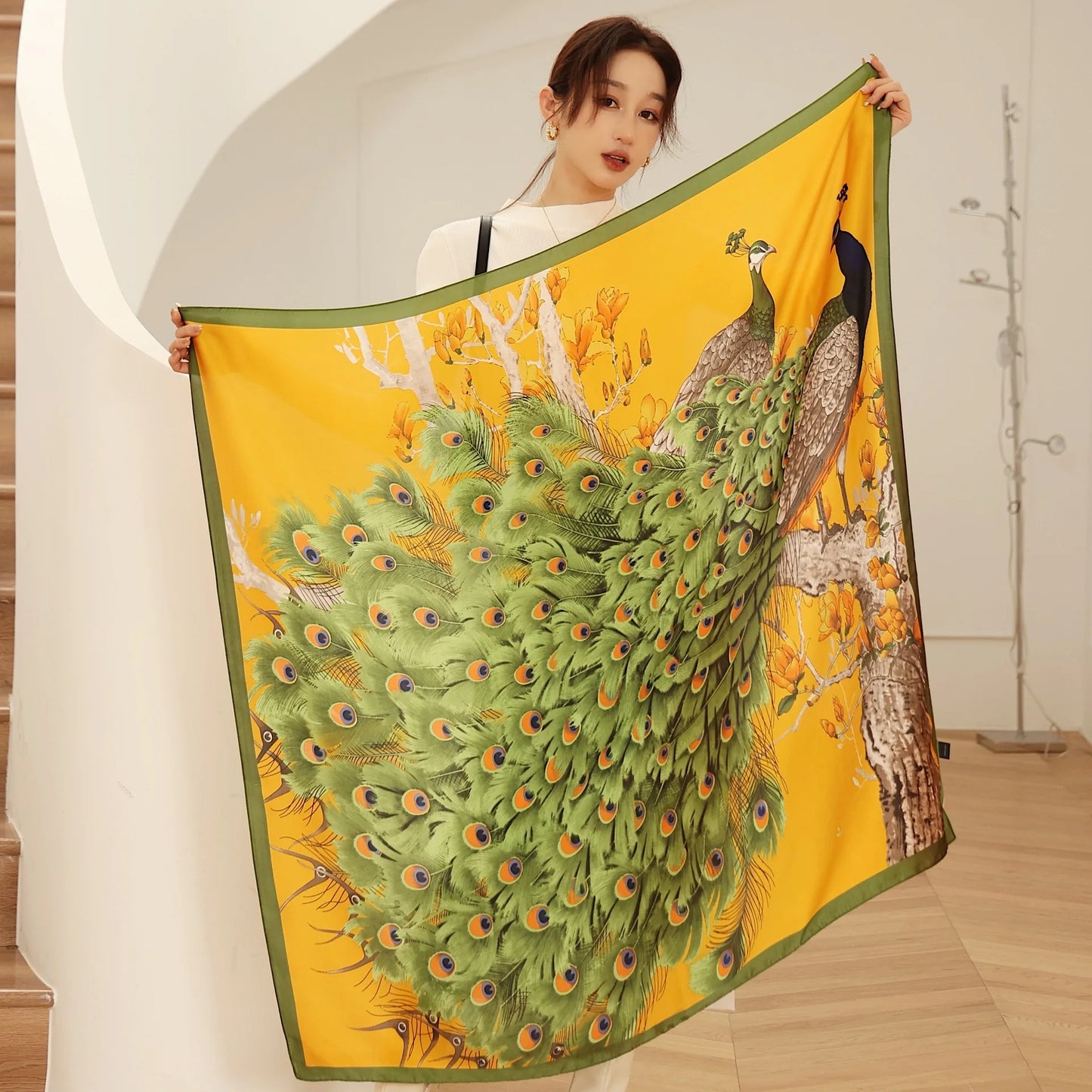 Luxury Horse Print Square Scarf Vintage Imitation Silk Shawl Scarf  Women Windproof Outdoor Head Wrap 110*110cm