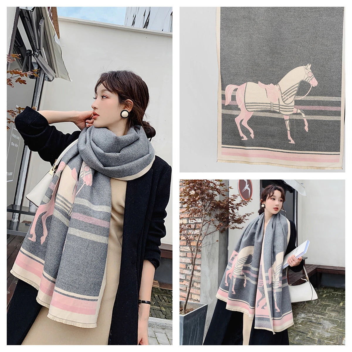 Women's Autumn Winter Horse Pattern Scarf New Luxury Cashmere Feeling Large Blanket Wrap Soft Warm Brand Shawl Retro & Classical