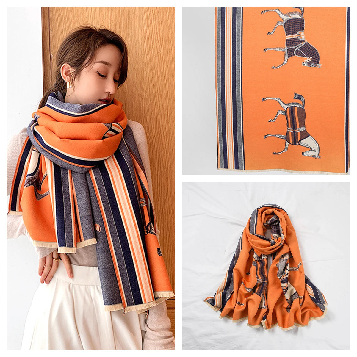 Women's Autumn Winter Horse Pattern Scarf New Luxury Cashmere Feeling Large Blanket Wrap Soft Warm Brand Shawl Retro & Classical