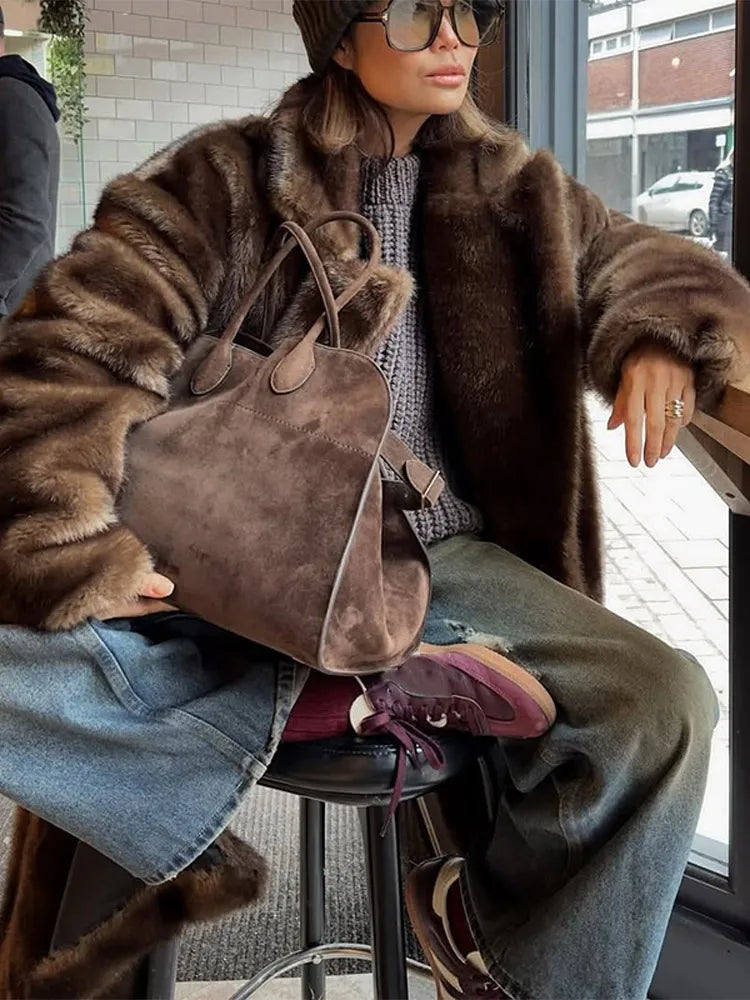 Woman Fashion Mixed Color Lapel Collar Long Coat Elegant Full Sleeve Loose Overcoat New Winter Lady High Street Faux Fur Jacket