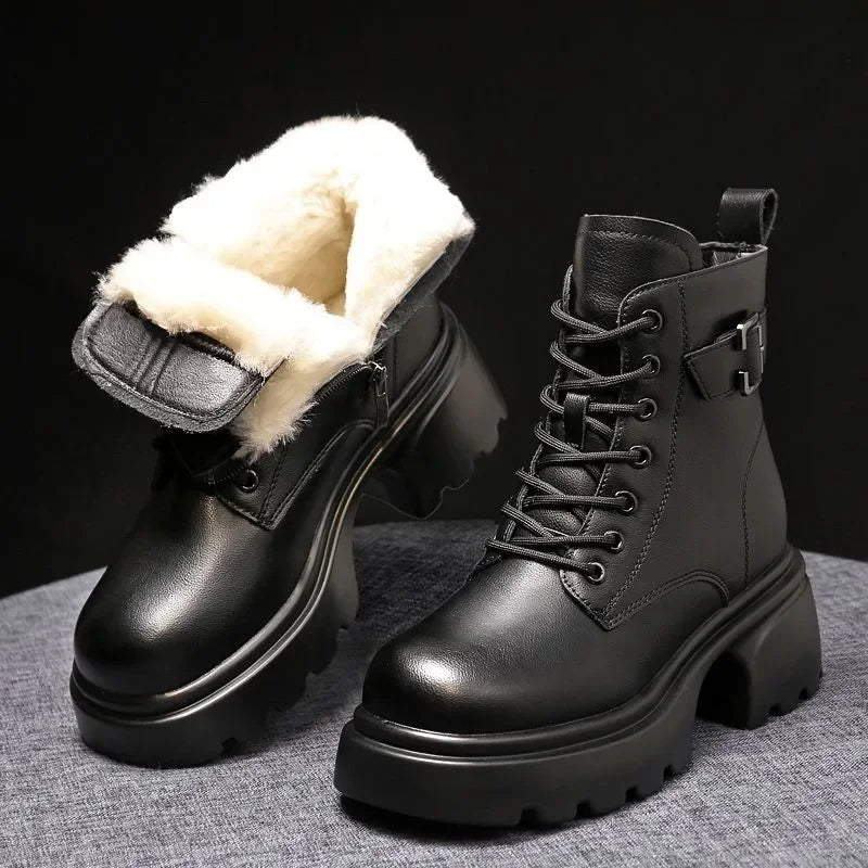 2025 Plush Snow Boots Female Winter Leather Cotton Shoes for Women Thickened Bottom Ladies Ankle Boots Padded Warm Cotton Shoes