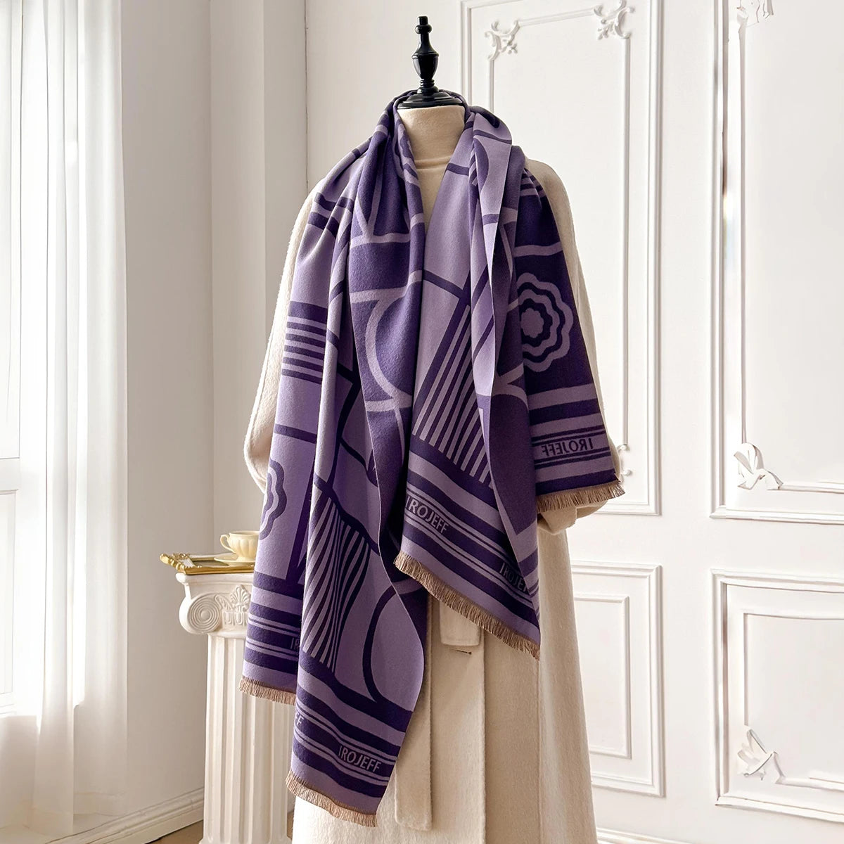 Winter Travel Faux Cashmere Scarf for Women Thick Warm with Cashew and Geometric Stripes Fashionable Luxurious Blanket Scarf