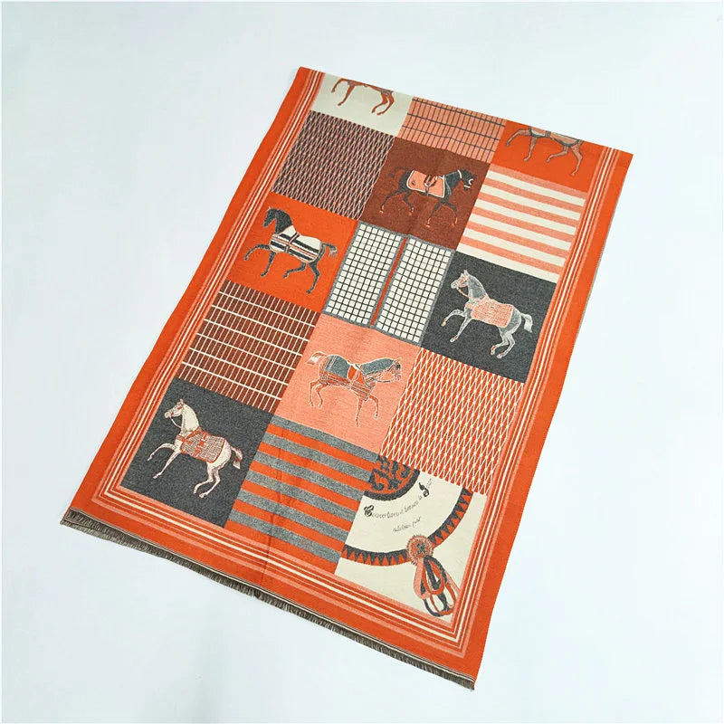 Women's Autumn Winter Horse Pattern Scarf New Luxury Cashmere Feeling Large Blanket Wrap Soft Warm Brand Shawl Retro & Classical